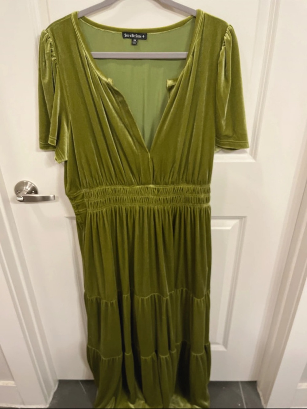 Olive Green Peridot Velvet Like Maxi Dress Tiered Skirt Short Sleeve 1X